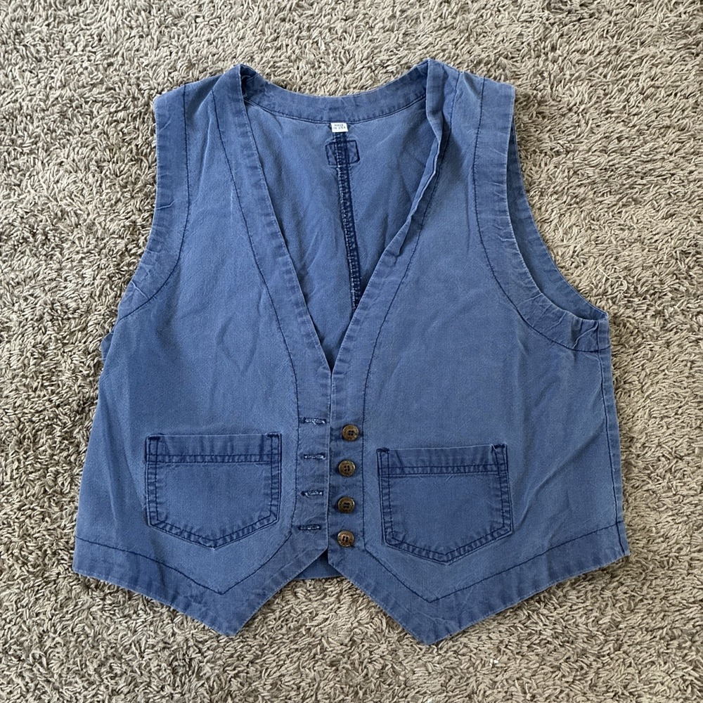 Cherokee Women's Sleeveless V-Neck Button Up Vest with Pockets Blue Size Medium